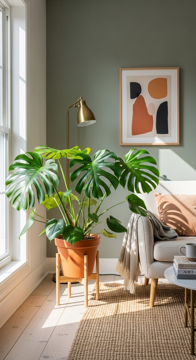a large thriving monstera plant as a living room focal point, for monstera subpinnata