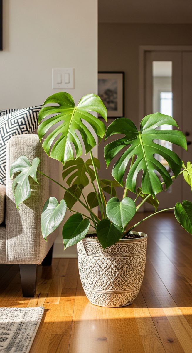 a monstera plant in a decorative pot on a wooden floor