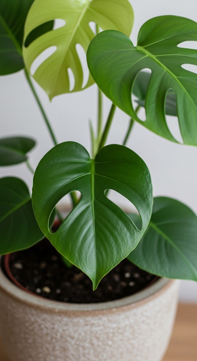 close-up of the base and lower leaves of a monstera plant, for monstera subpinnata
