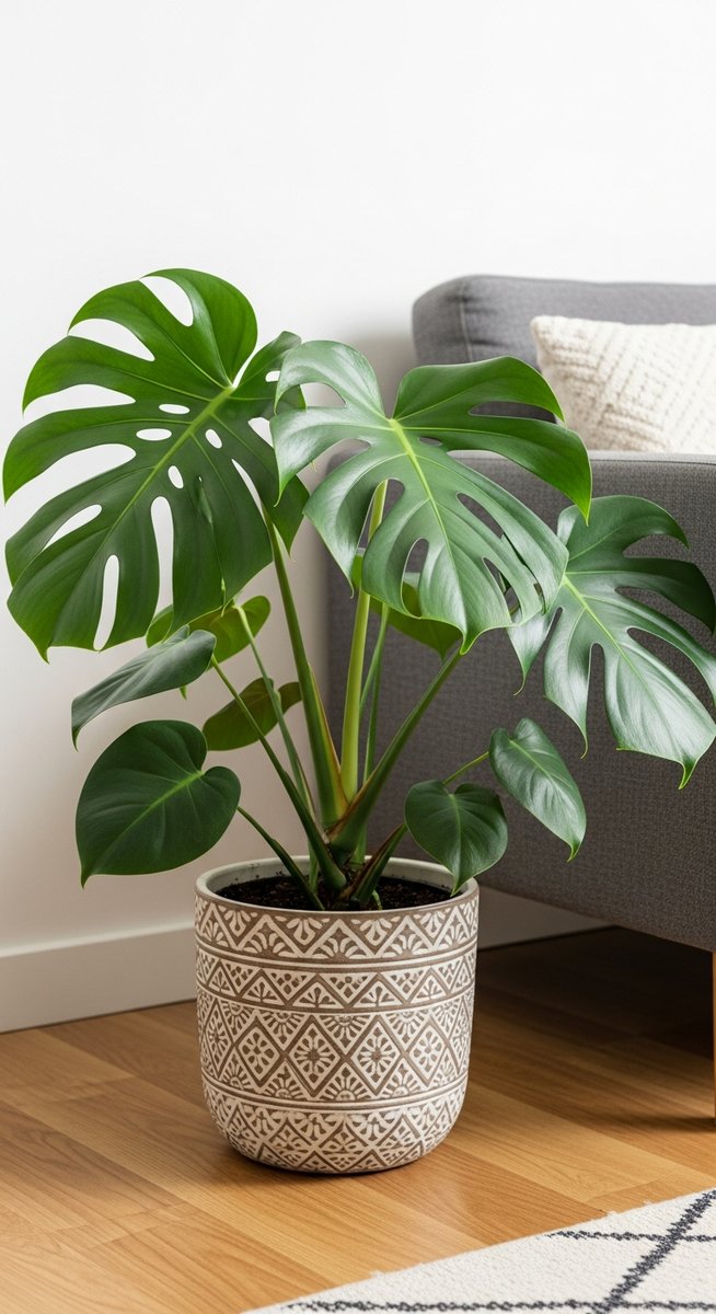 a monstera plant in a decorative pot on a wooden floor
