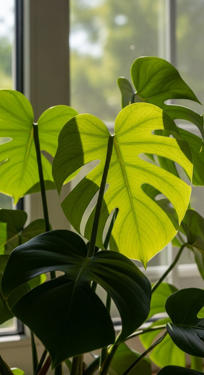 close-up of monstera plant leaves with natural summer light