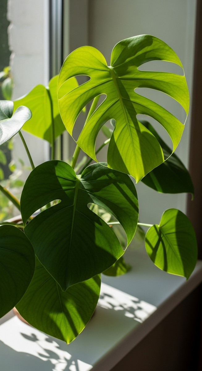 a monstera plant on a windowsill in summer, for monstera summer care
