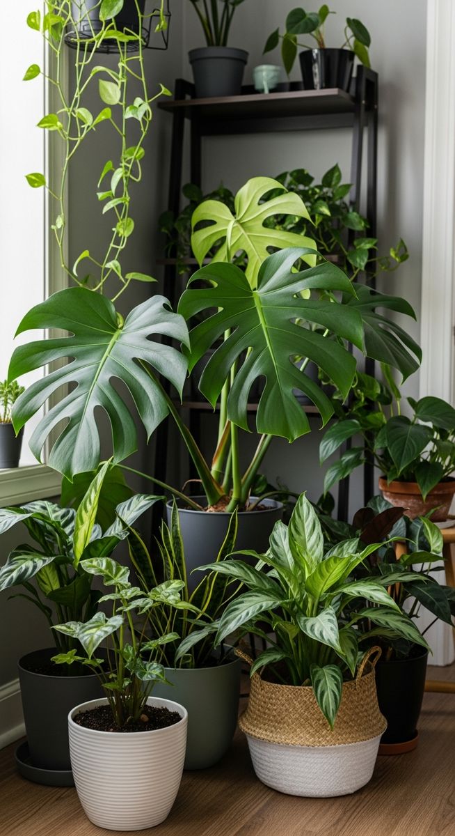 houseplants including a monstera plant grouped together in summer