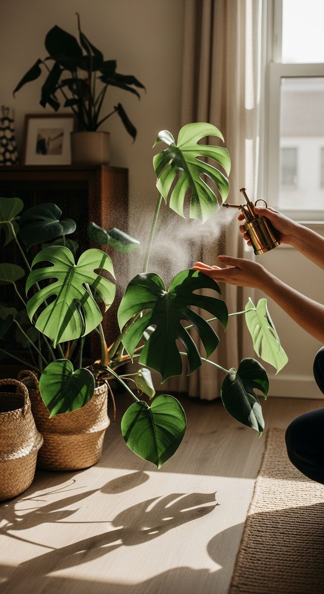 a person tending to a monstera plant in summer, for monstera summer care