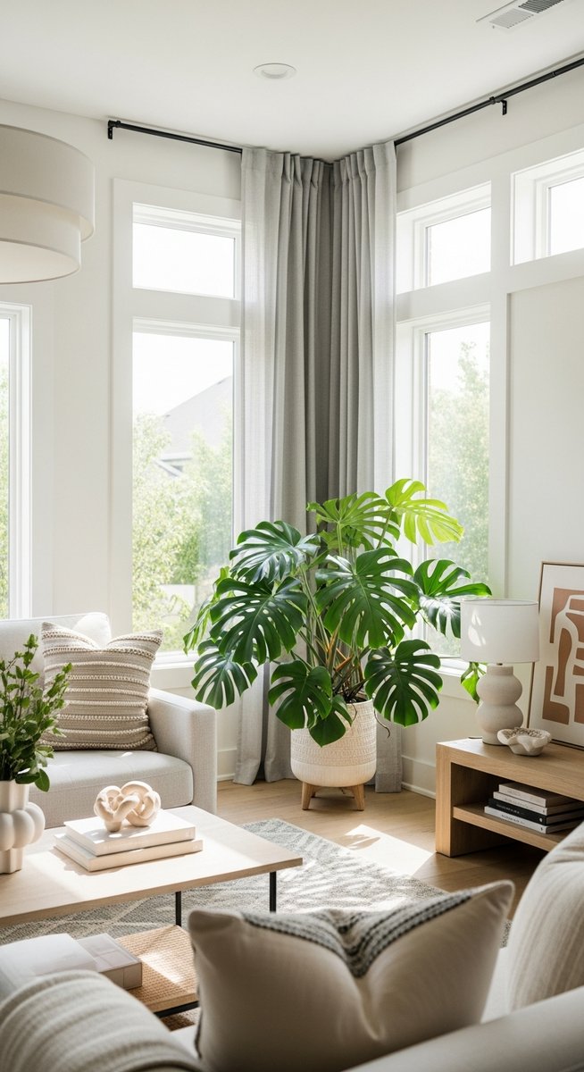 a home interior in summer featuring a monstera plant, for monstera summer care