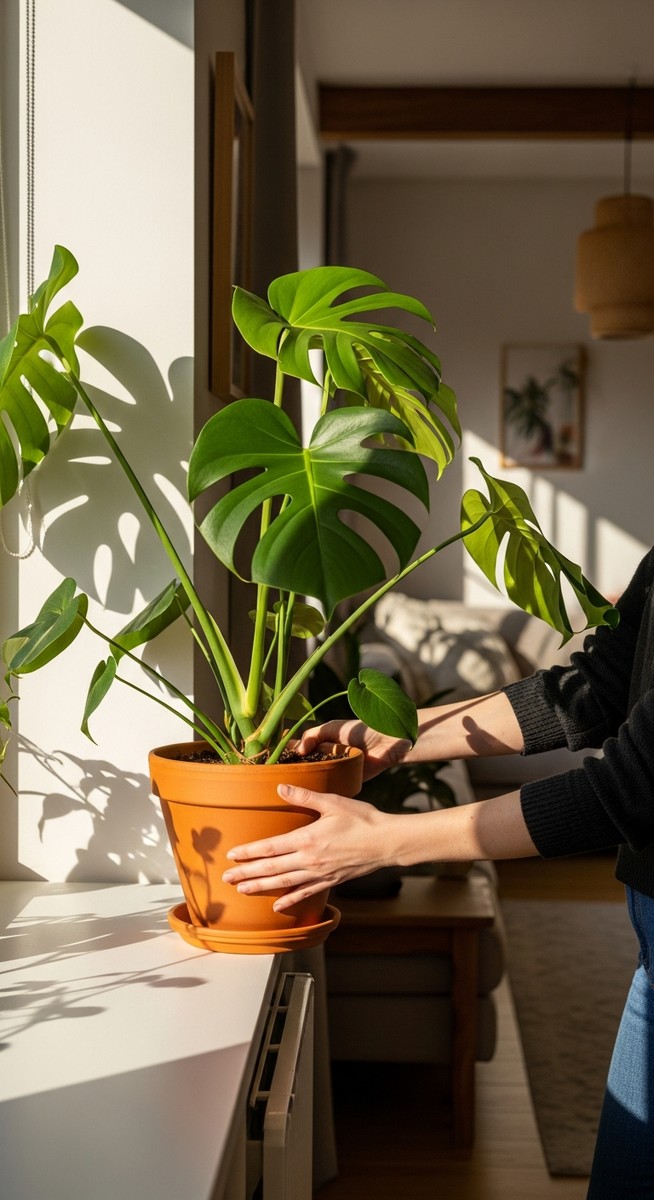 a person caring for a monstera plant near a window in summer
