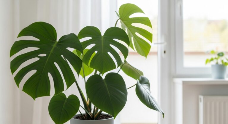 a monstera plant in a bright home interior in summer, for monstera summer care