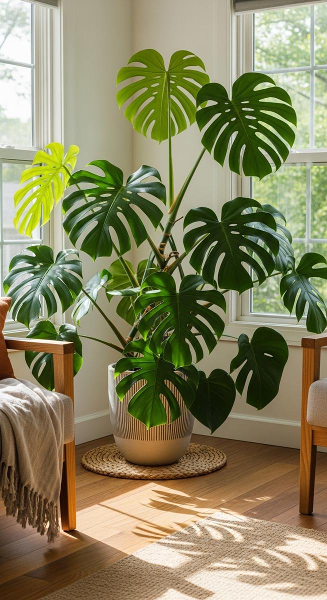 a monstera plant thriving in a summer home interior in summer
