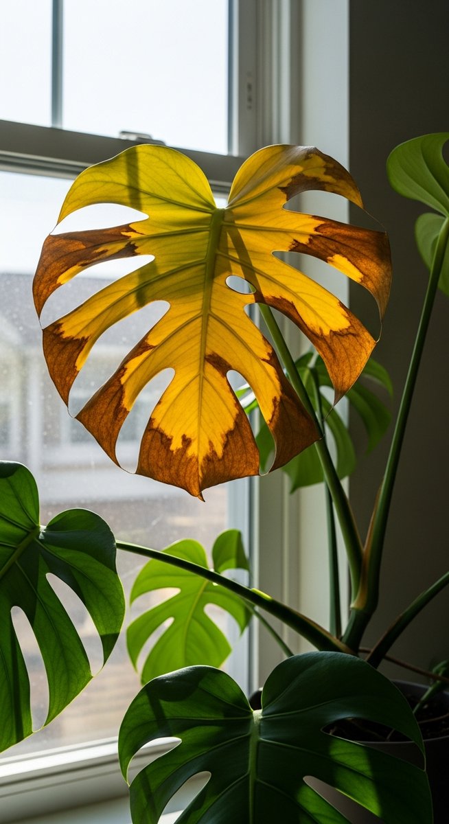 a monstera plant near a harsh sunny window showing sunburned leaves