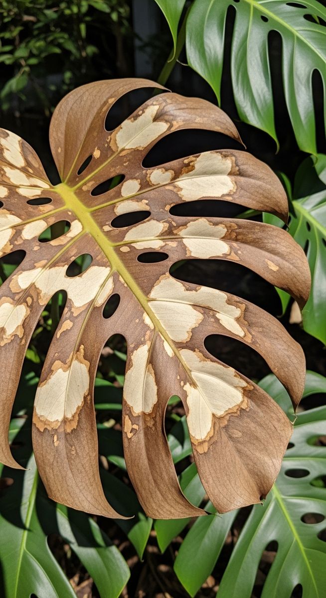 close-up of sunburned monstera leaves with brown scorched patches, for monstera sunburn