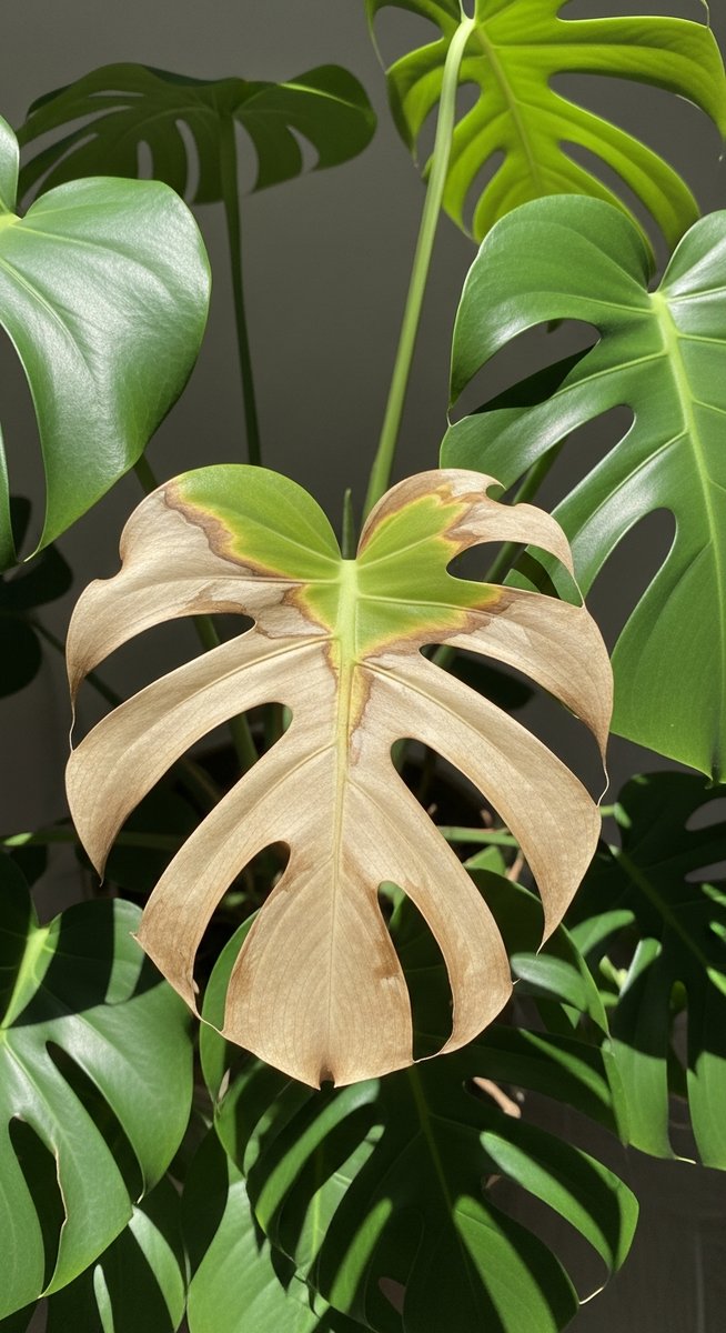 a monstera plant with sun-scorched bleached leaves