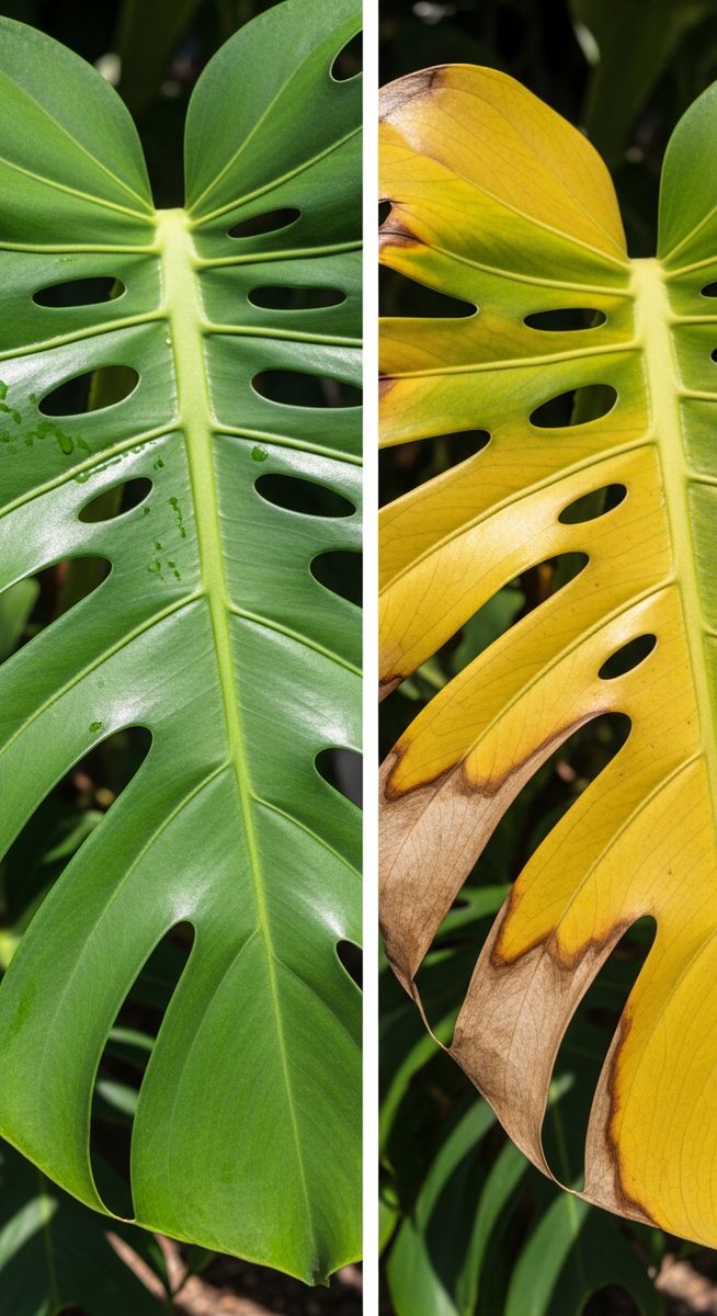 a healthy monstera leaf next to a sunburned one for comparison, for monstera sunburn