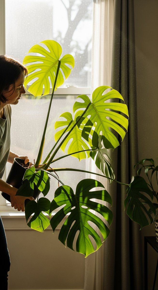 a person moving a monstera plant away from a harsh sunny window