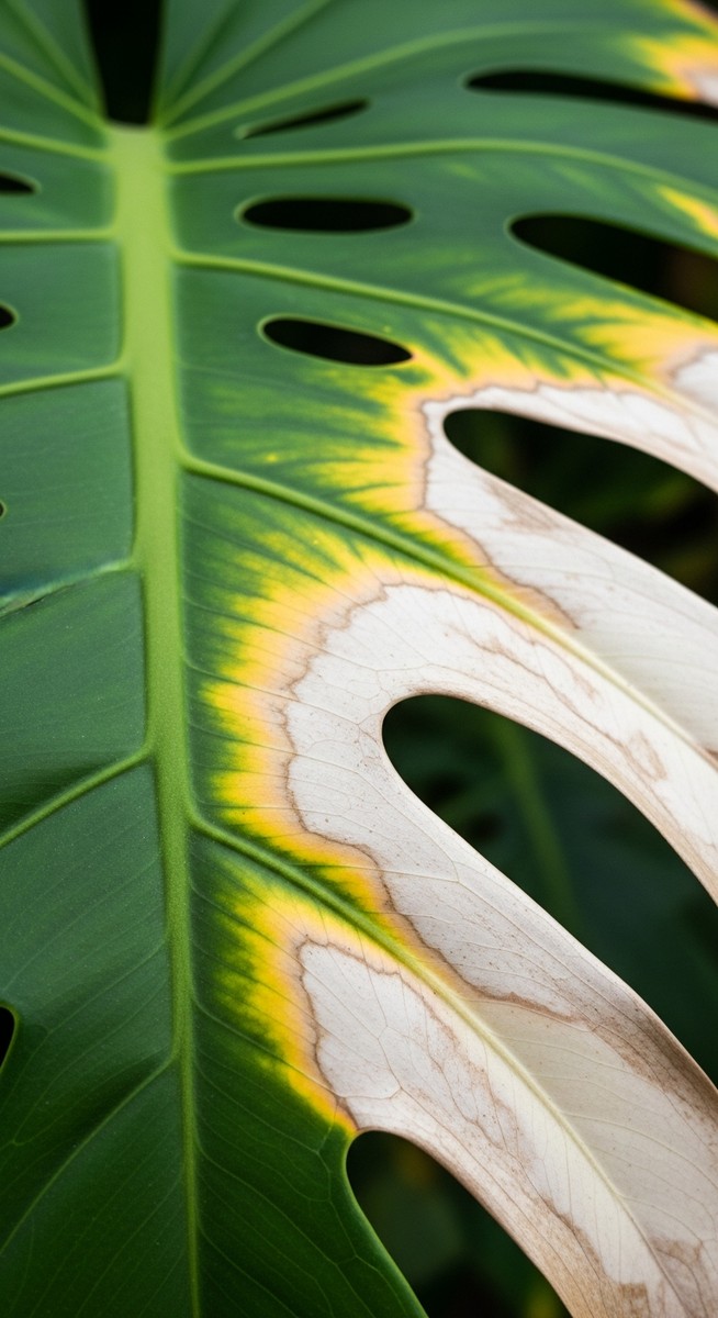 close-up of bleached patches on monstera leaves from too much direct sun, for monstera sunburn