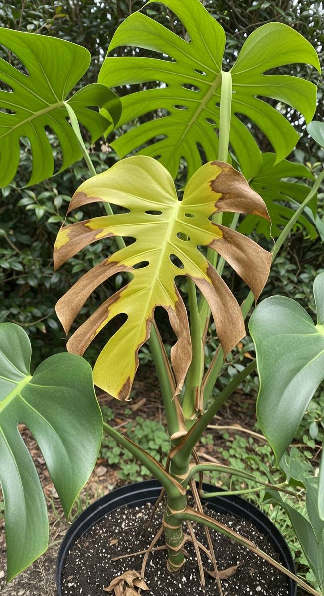 a monstera plant recovering from sunburn with damaged and new healthy leaves