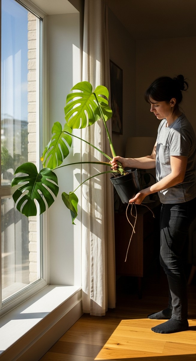 a person moving a monstera plant away from a harsh sunny window