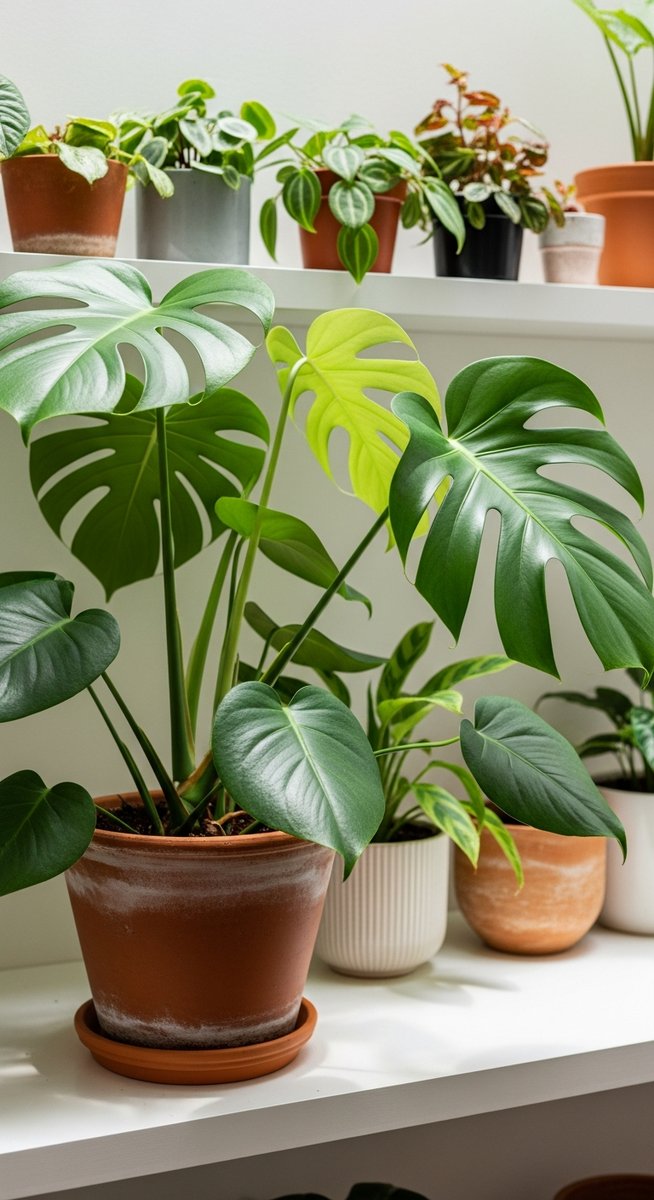 a lush monstera plant in a terracotta pot on a white shelf