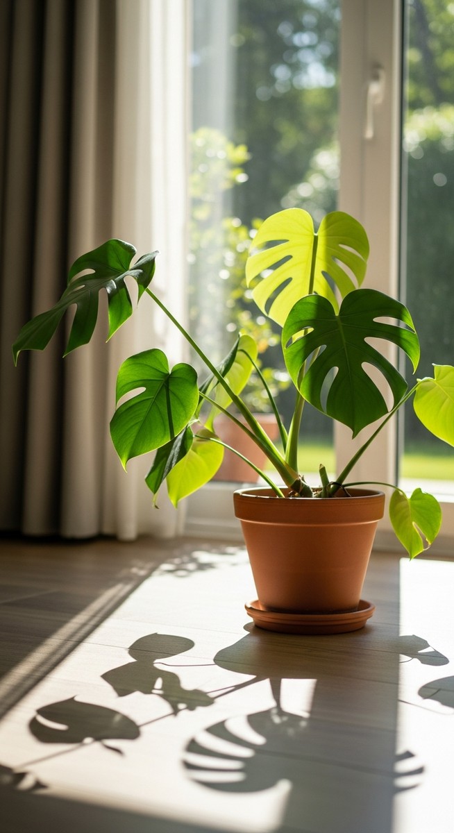 a monstera plant in a pot near a bright window