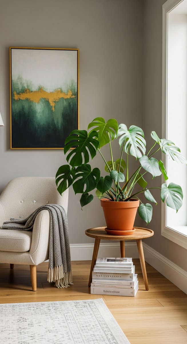 a large thriving monstera plant as a living room focal point, for monstera temperature