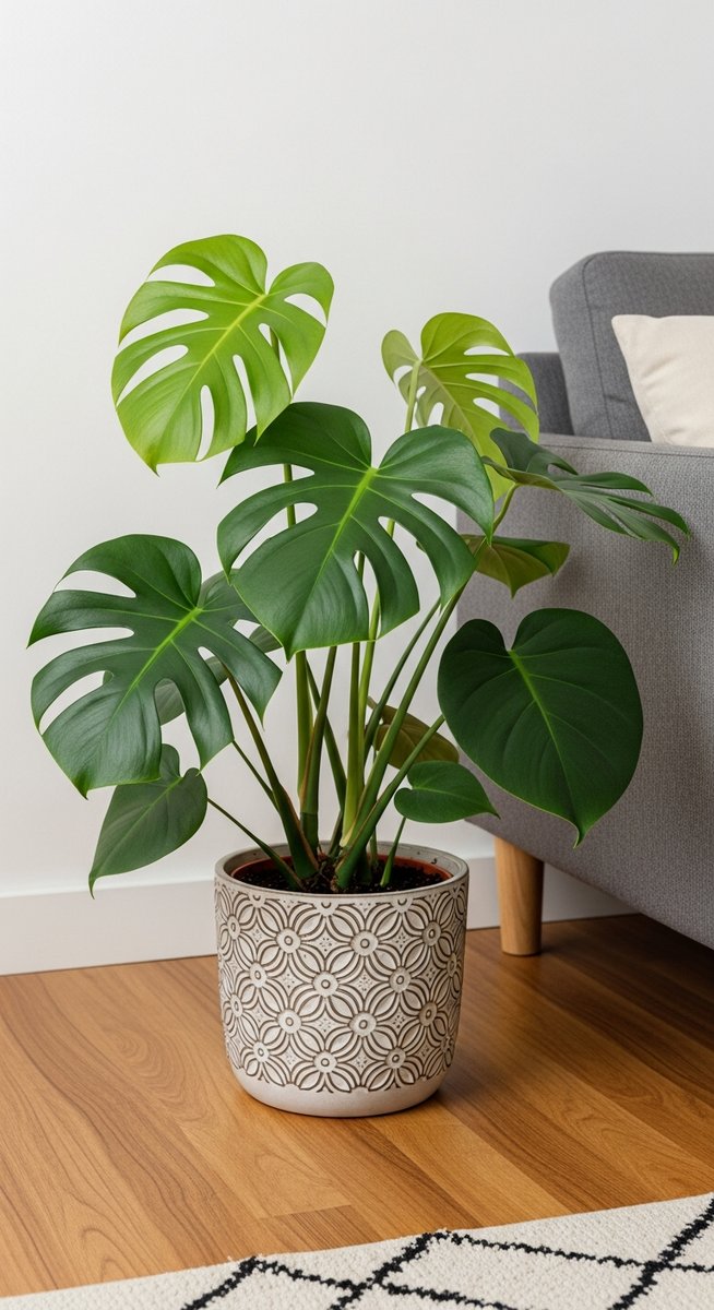 a monstera plant in a decorative pot on a wooden floor
