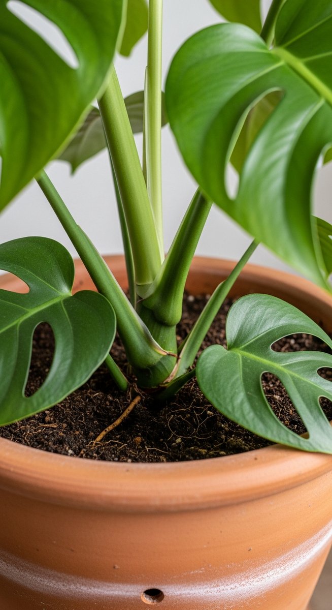 close-up of the base and lower leaves of a monstera plant, for monstera temperature