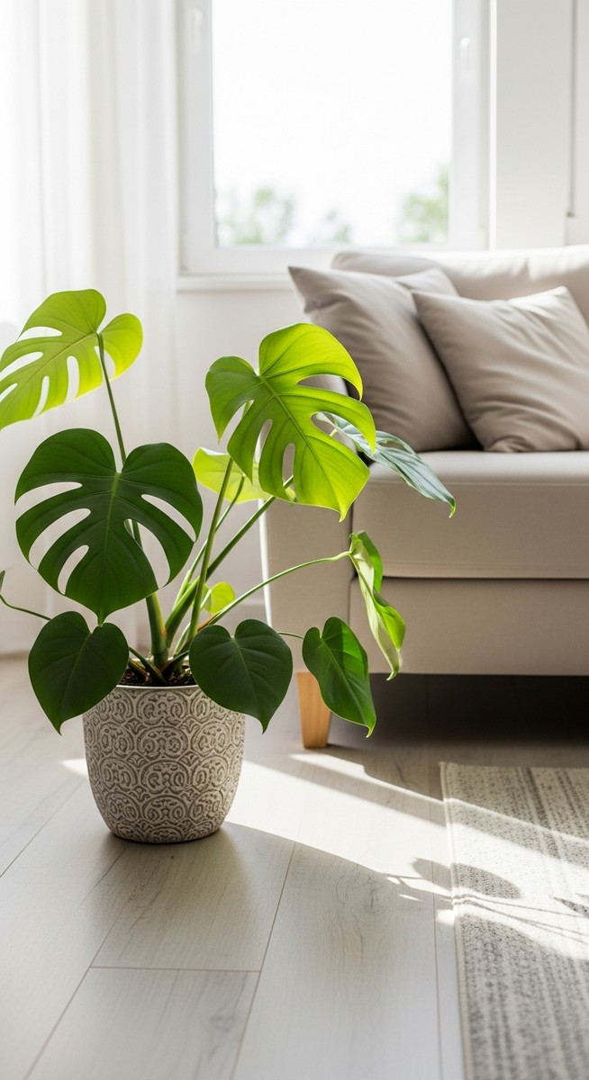 a monstera plant in a decorative pot on a wooden floor