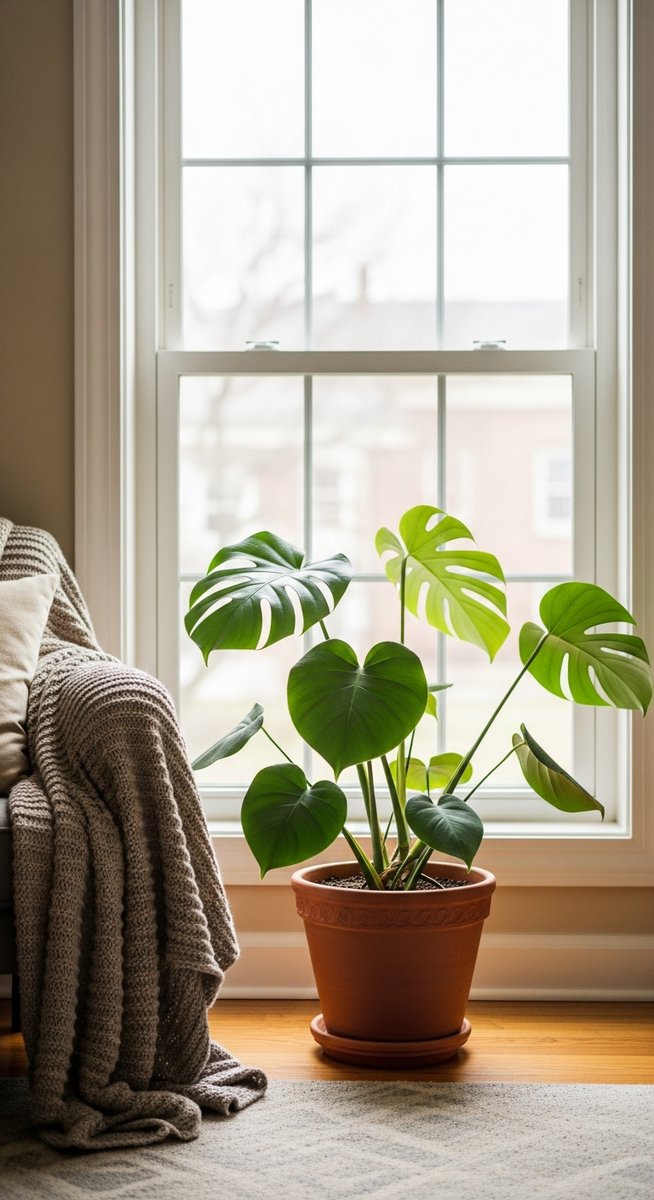 a monstera plant in a pot near a bright window