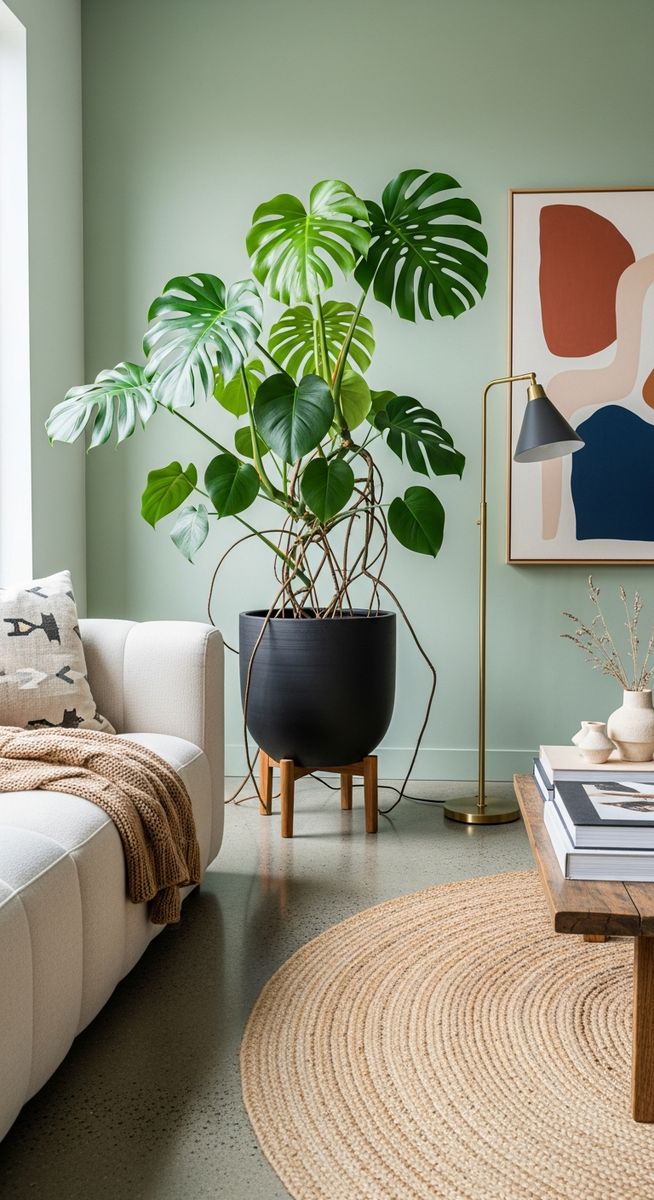 a large thriving monstera plant as a living room focal point, for monstera thai constellation care