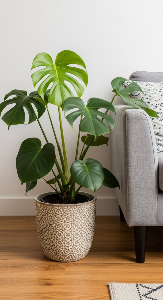 a monstera plant in a decorative pot on a wooden floor