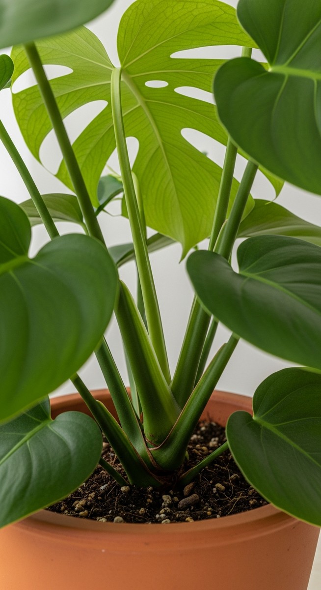 close-up of the base and lower leaves of a monstera plant, for monstera thai constellation care