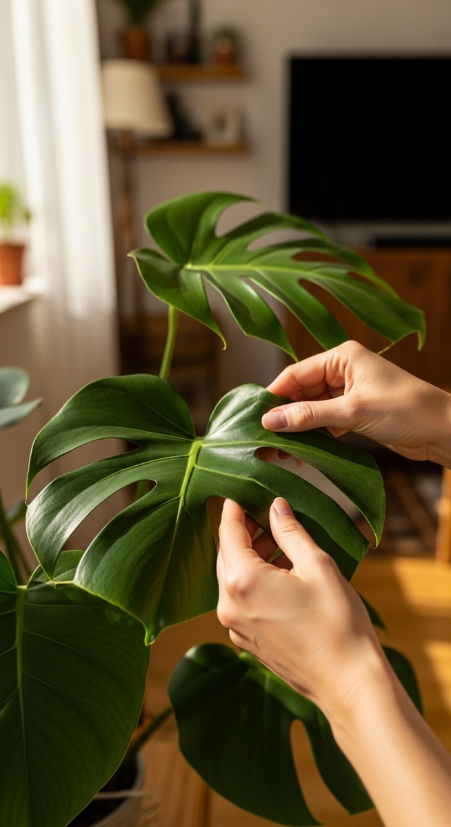 hands touching the leaves of a healthy monstera plant