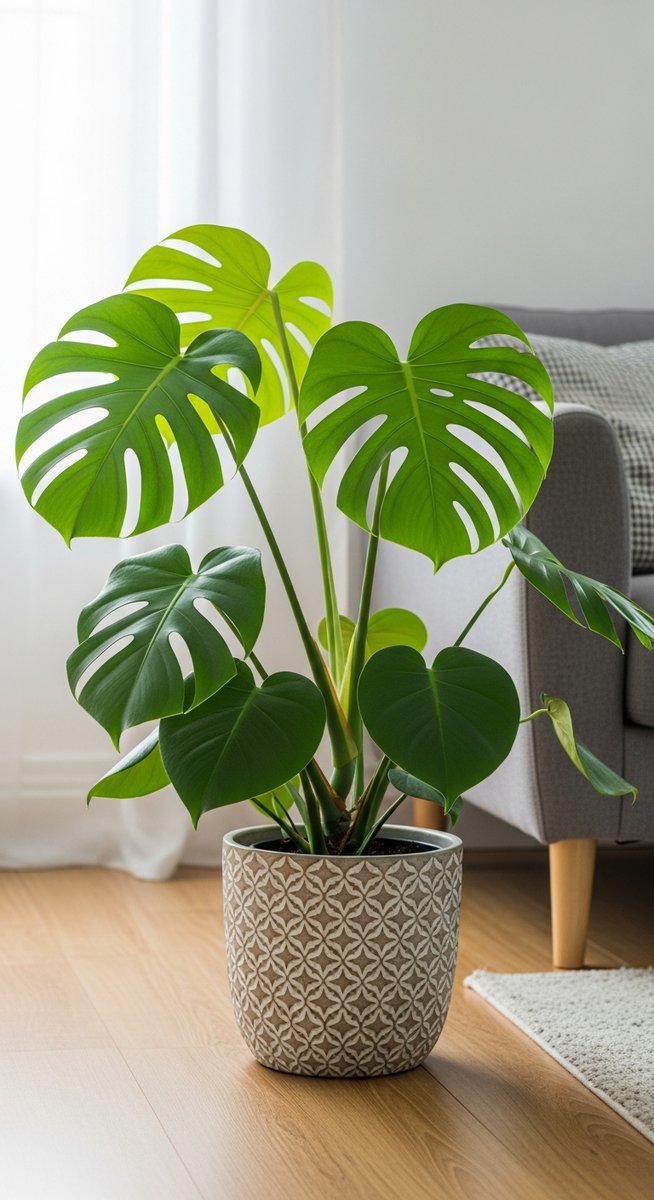 a monstera plant in a decorative pot on a wooden floor