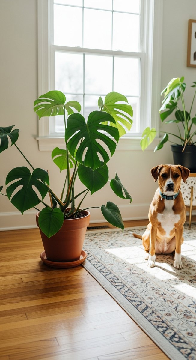 a monstera plant in a pot with a dog sitting calmly nearby, for monstera toxic cats