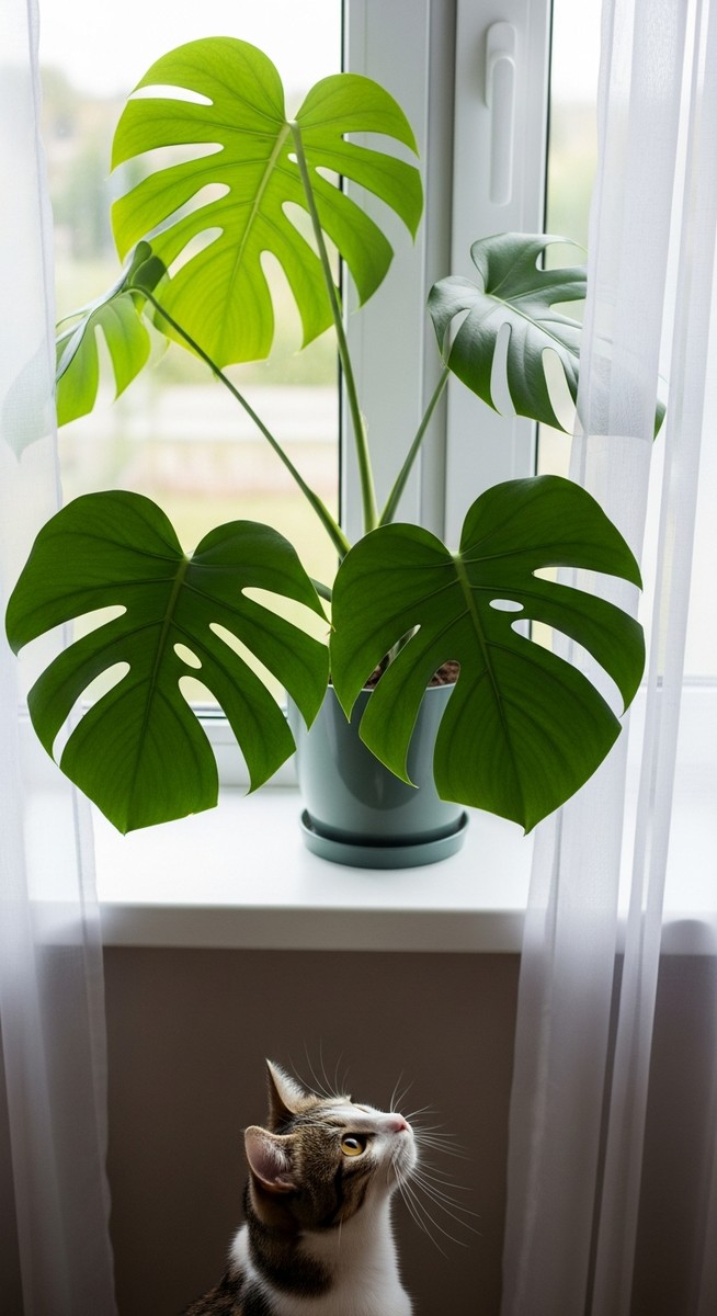 a monstera plant on a windowsill with a cat looking up at it