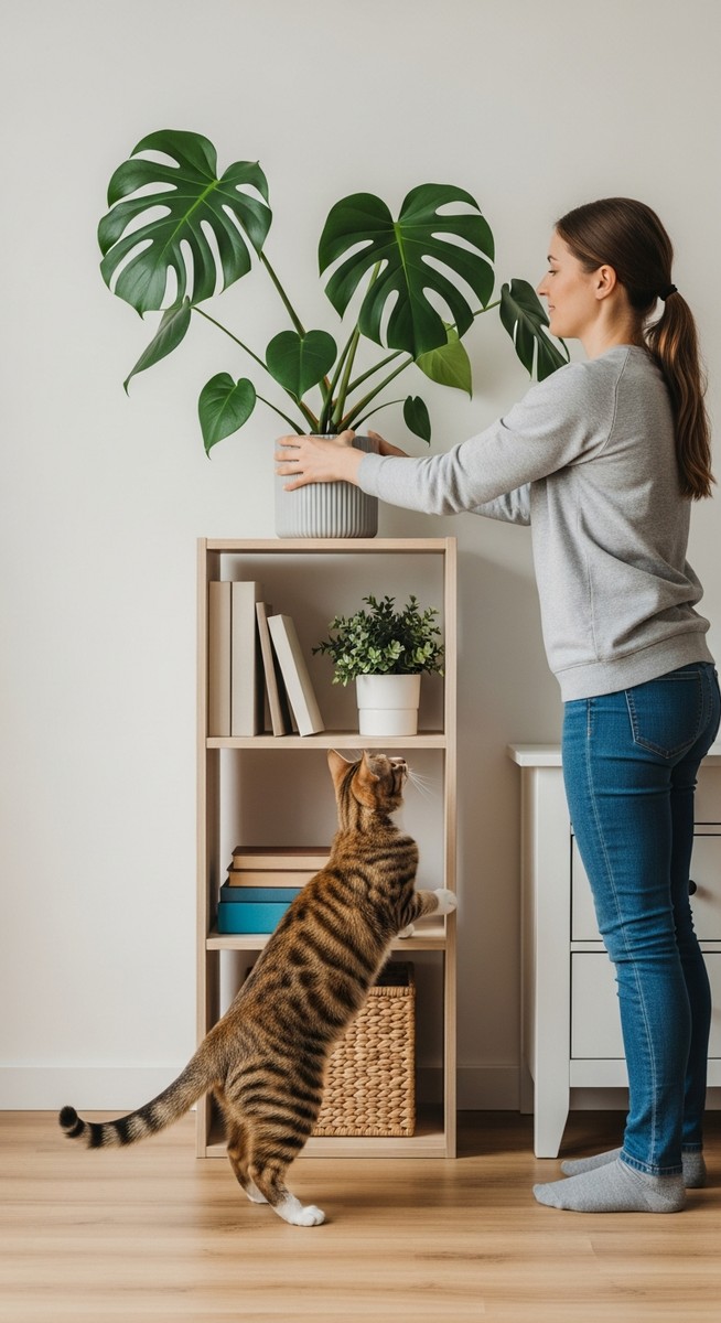 placing a monstera plant safely out of reach of pets, for monstera toxic cats