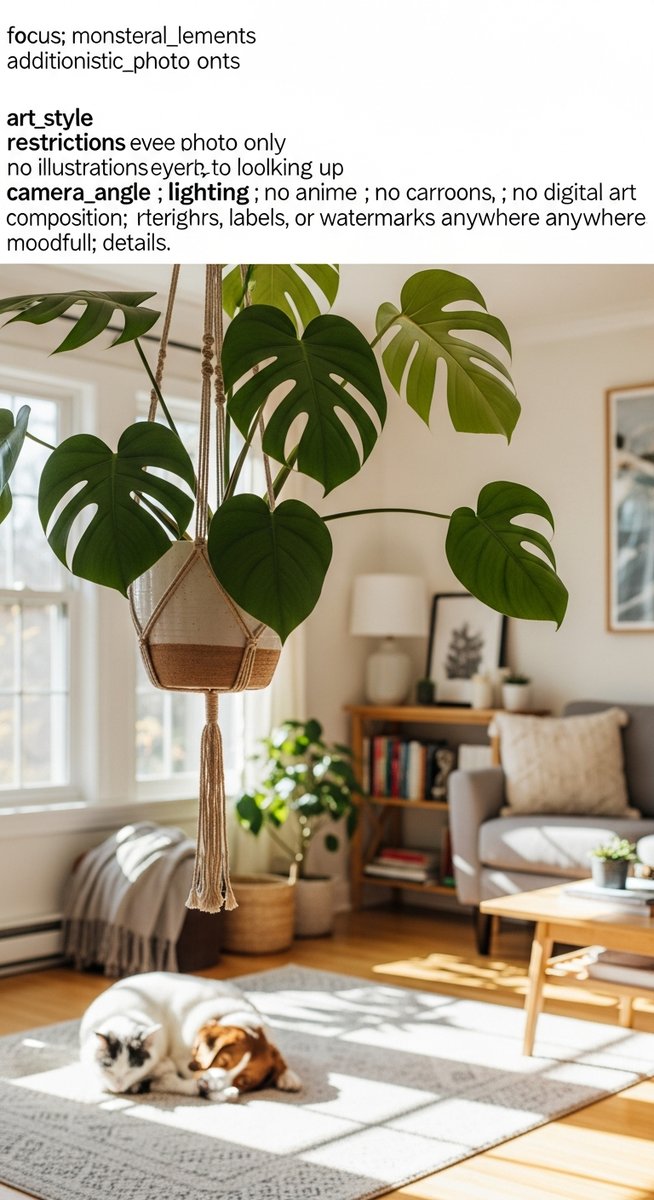 a monstera plant in a hanging pot away from a pet below