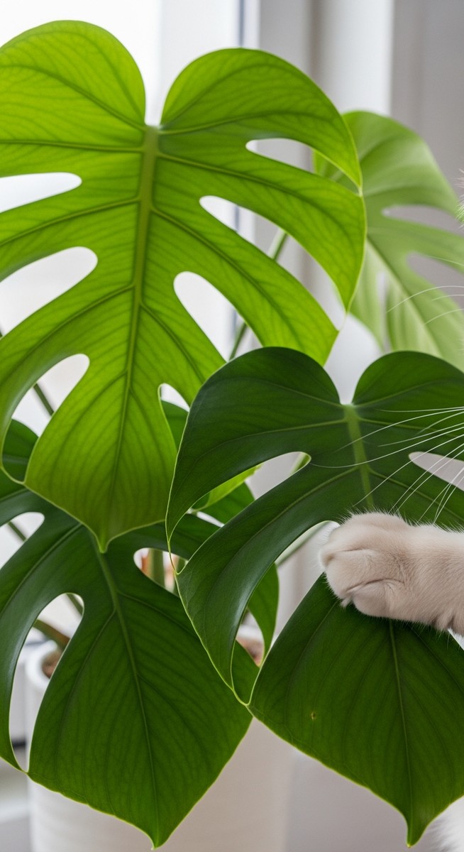 close-up of monstera leaves with a cat nearby, for monstera toxic cats