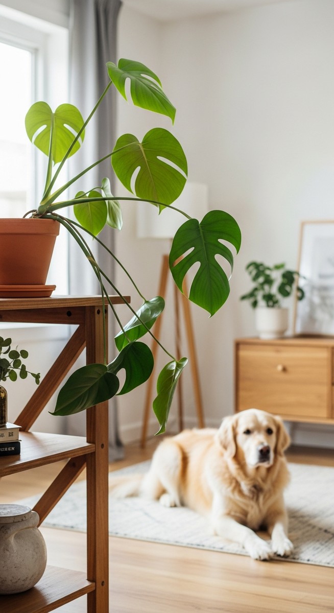 a monstera plant on a high shelf with a pet in the background
