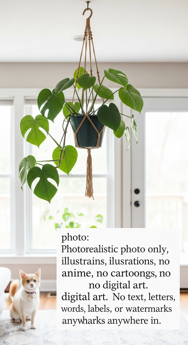 a monstera plant in a hanging pot away from a pet below