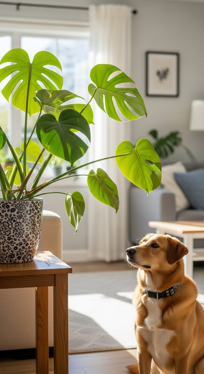 a monstera plant in a pot with a dog sitting calmly nearby, for monstera toxic dogs