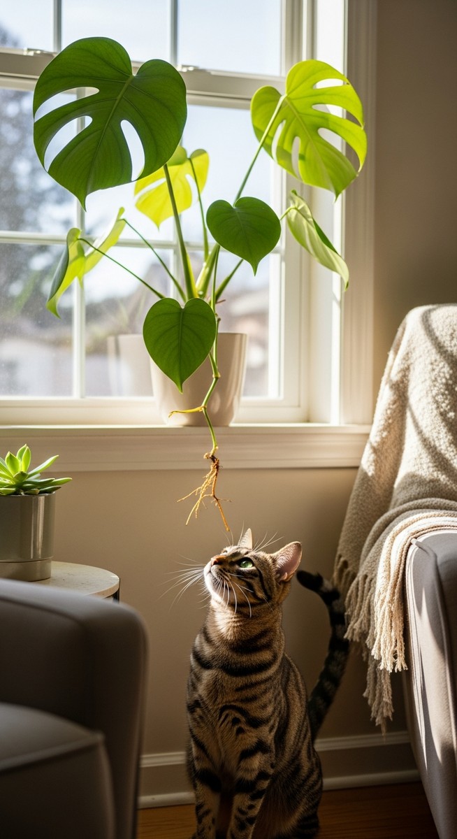 a monstera plant on a windowsill with a cat looking up at it