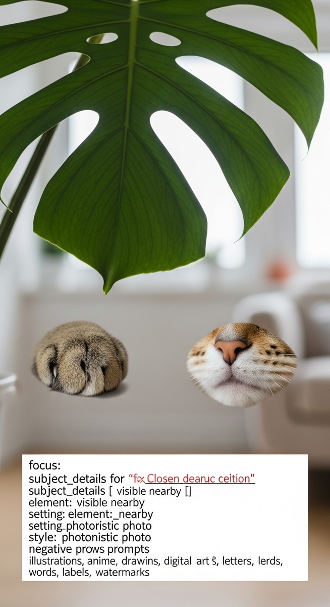 close-up of monstera leaves with a cat nearby, for monstera toxic dogs