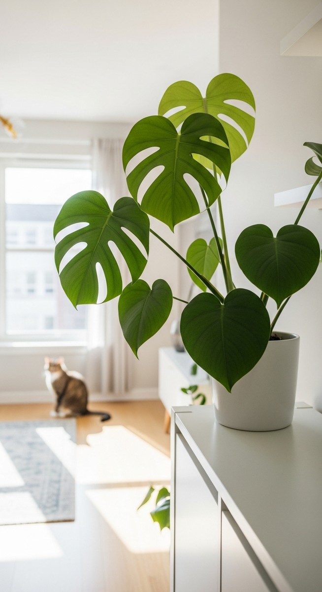 a monstera plant on a high shelf with a pet in the background