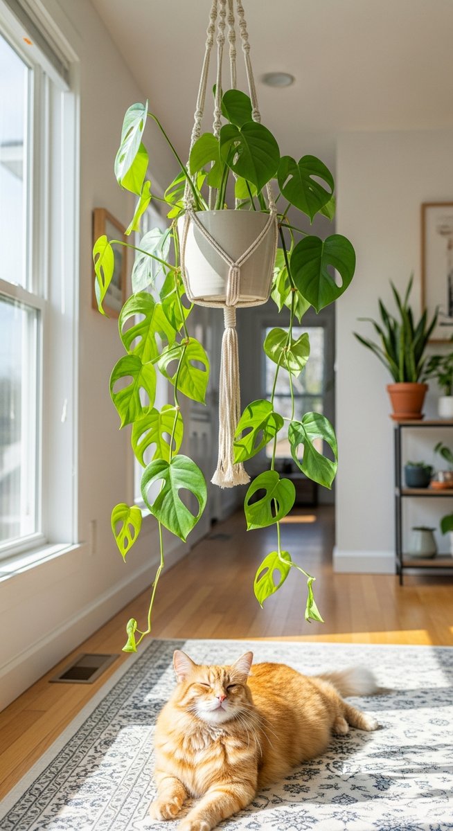 a monstera plant in a hanging pot away from a pet below