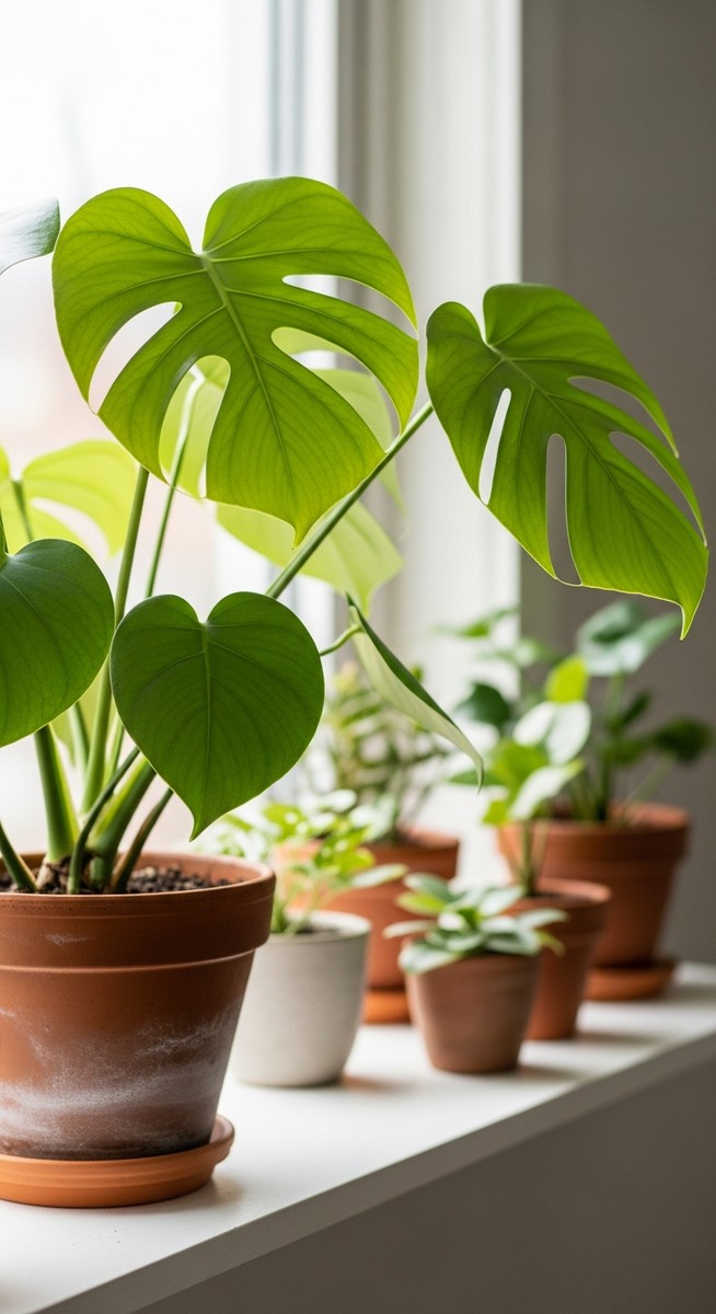 a lush monstera plant in a terracotta pot on a white shelf