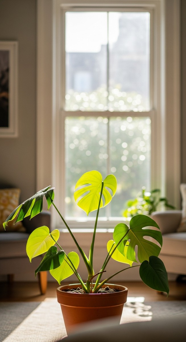 a monstera plant in a pot near a bright window