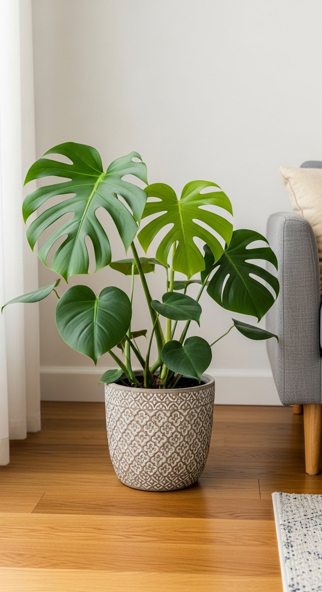 a monstera plant in a decorative pot on a wooden floor