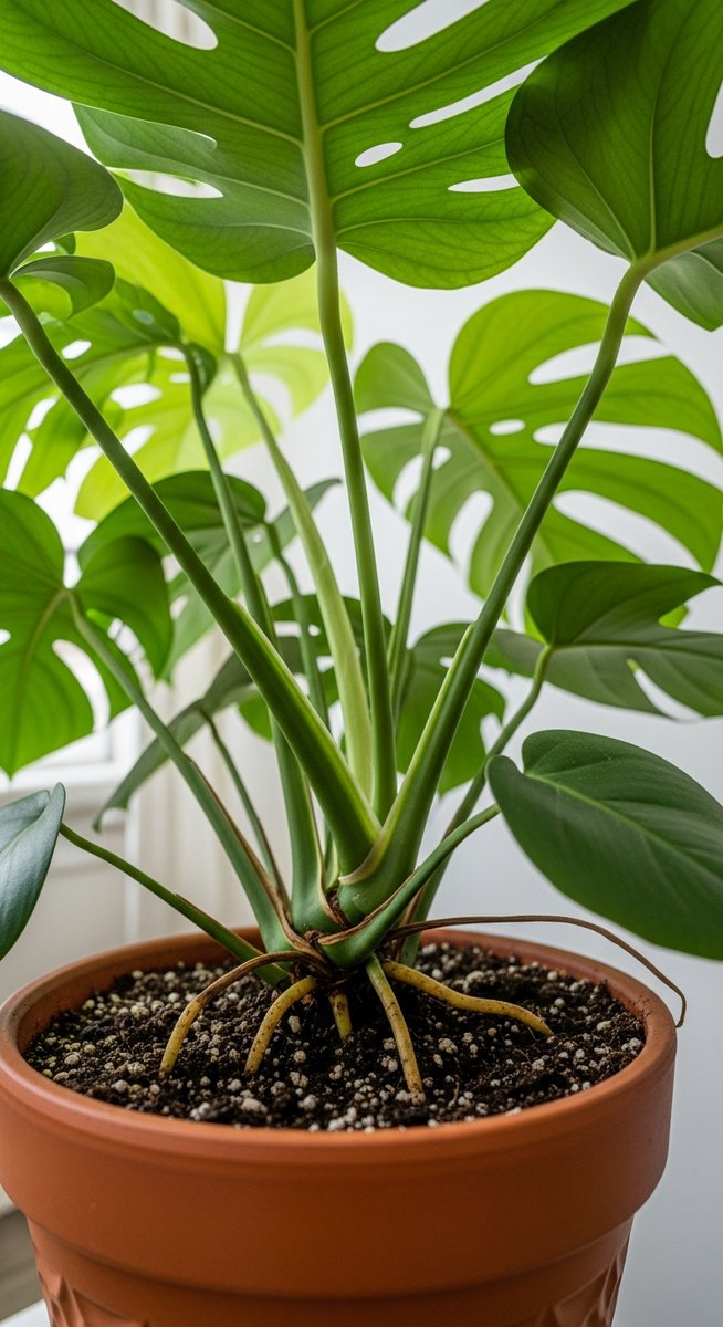 close-up of the base and lower leaves of a monstera plant, for monstera tuberculata
