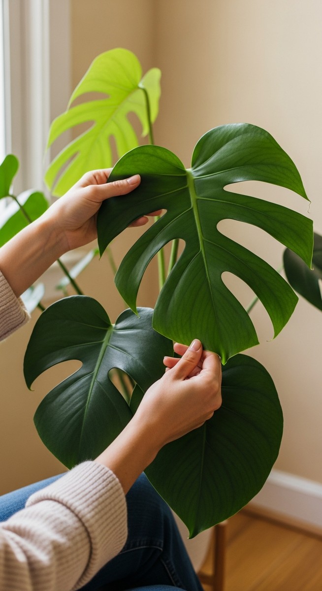 hands touching the leaves of a healthy monstera plant