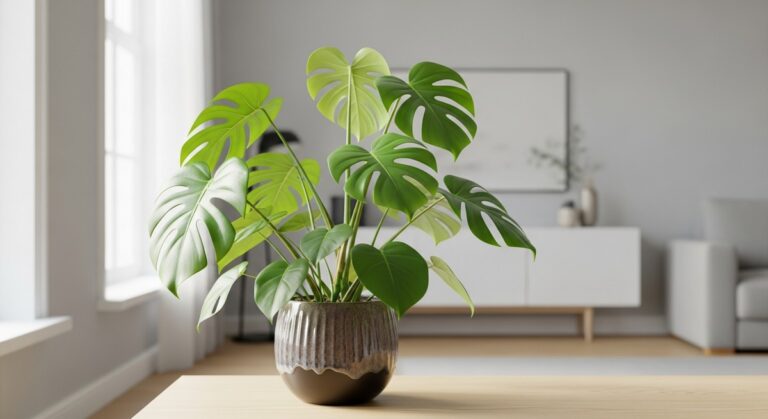a healthy monstera plant displayed in a bright modern living room, for monstera tuberculata